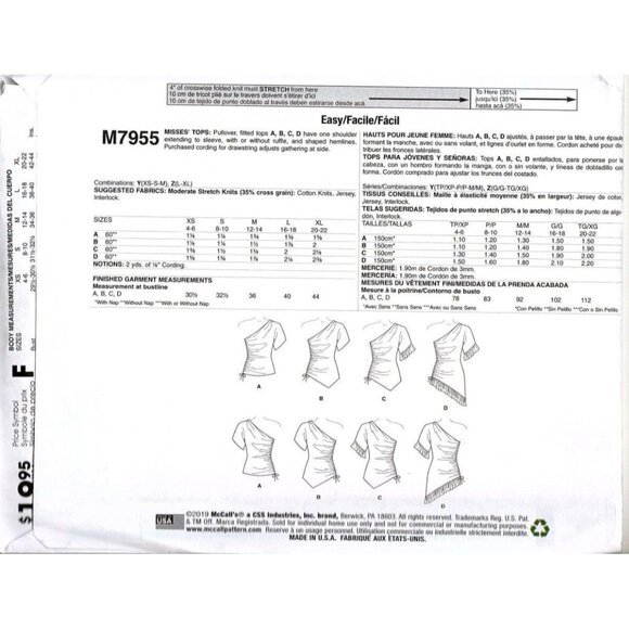 McCall's M7955 Misses L to XL Off the Shoulder Ruched Tops Uncut Sewing Pattern - Picture 2 of 2